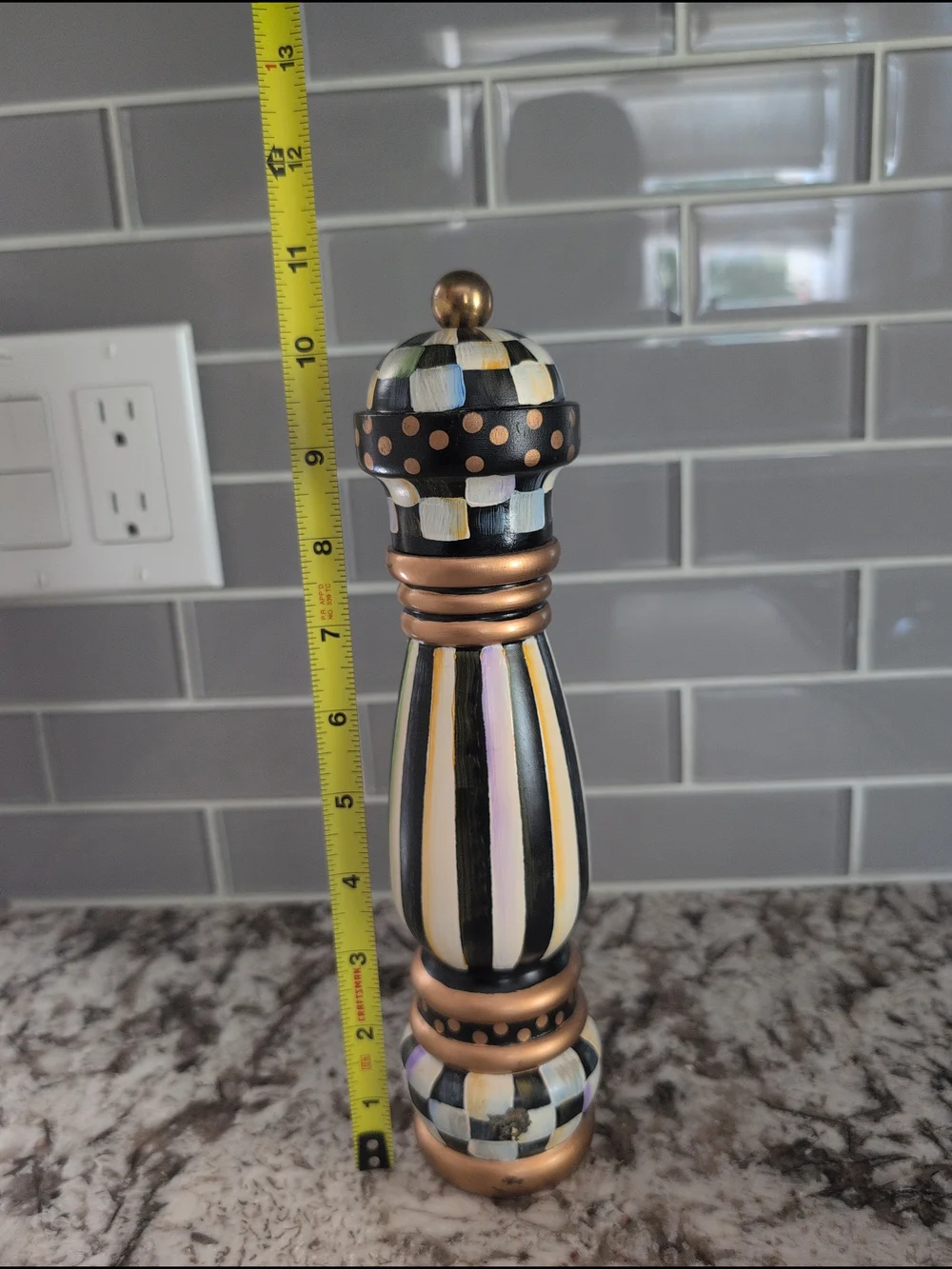 MacKenzie-Childs Hand-Painted Black, White, Gold Striped Pepper Mill